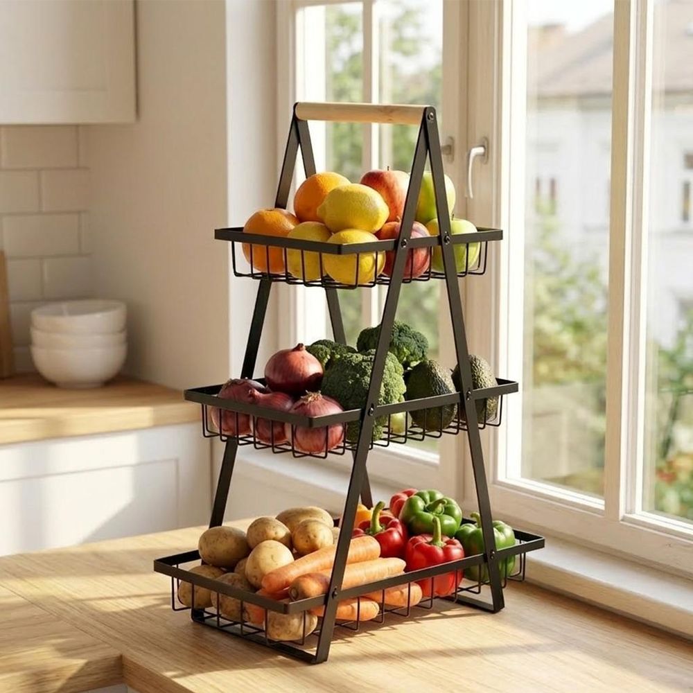 WELLHAUS 3-Etagen Obst Etagere aus Kohlenstoffstahl – Abnehmbarer Obstkorb für Obst, Gemüse & Snacks, Schwarz