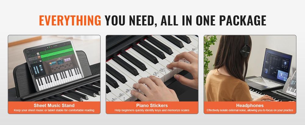 VEVOR Digitalpiano, 88 Tasten, Elektrisches Klaviere, Doppeltastatur und Lautsprecher, einfache Gehäusehalterung mit Kopfhörer, 200 Töne und Rhythmen, unterstützt Bluetooth/USB/MIDI, für Anfänger