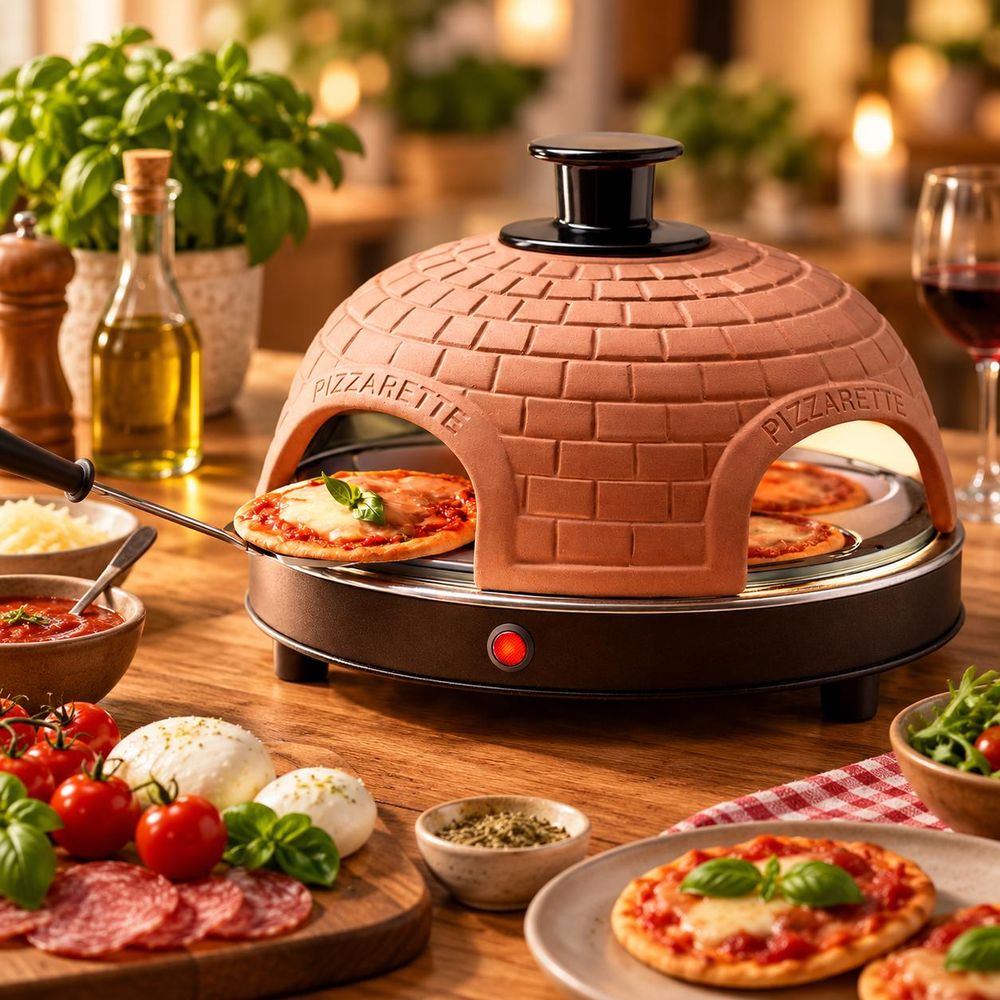 Pizzarette Pizzaofen mit frisch gebackenen Minipizzen auf einem gedeckten Holztisch.
