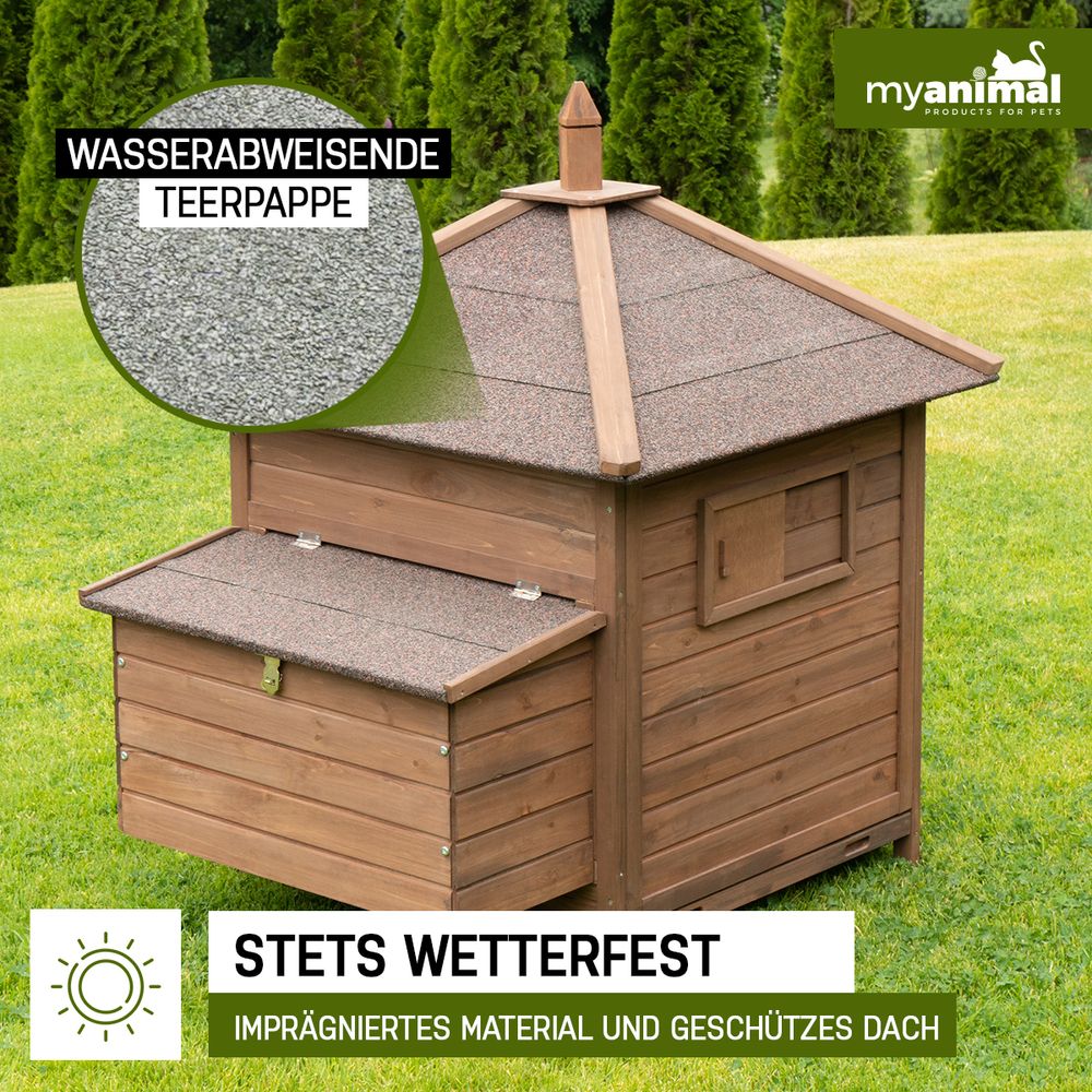 MyAnimal Hühnerstall MH-11 | Für 3 Hühner - Hühnerhaus Voliere - Sitzstange - Nistkasten - Eiablage - Dach Wasserabweisend & Abnehmbar - (Dunkelbraun)