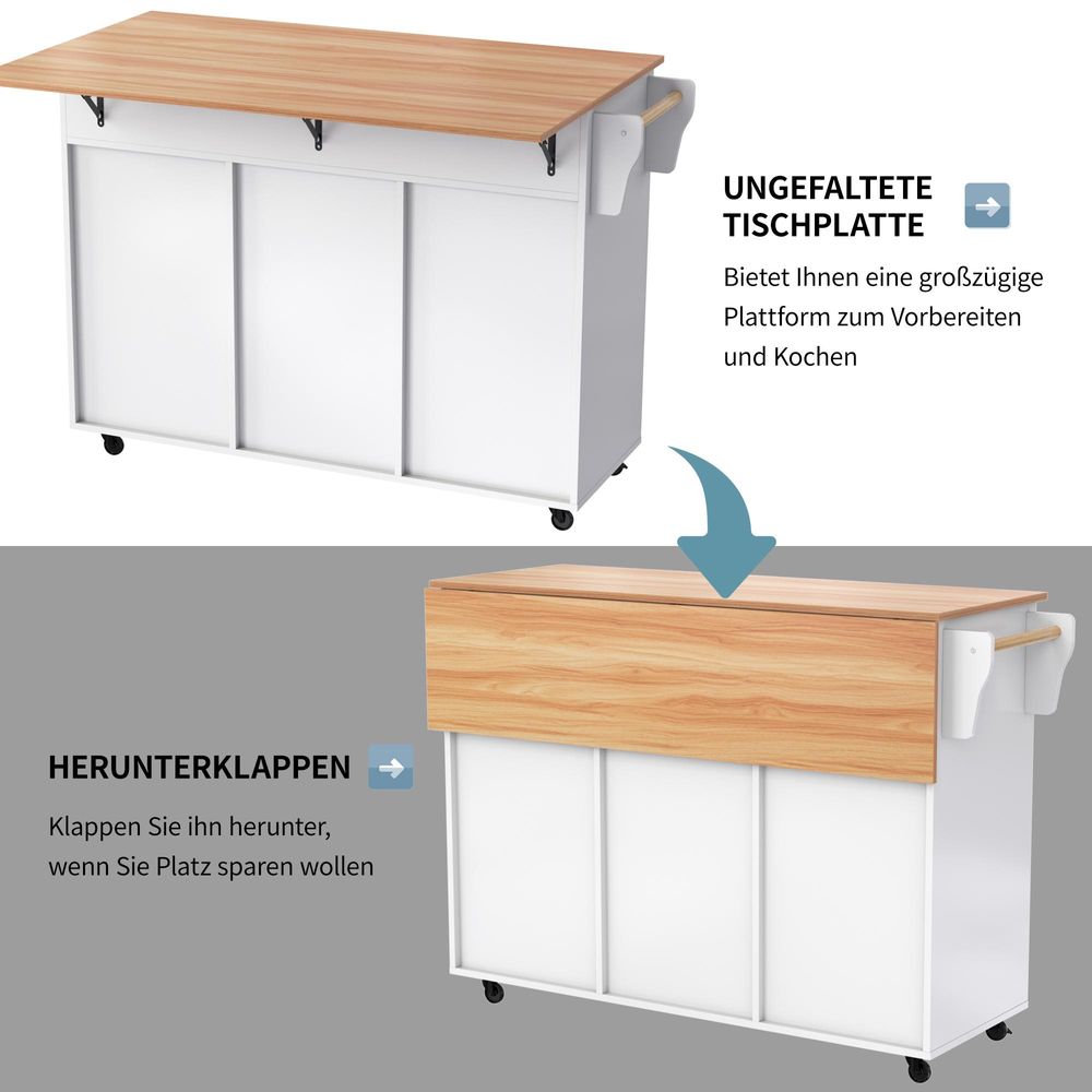 Flieks Servierwagen Kücheninselwagen mit Erweiterbarer Arbeitsplatte, Küchentrolley Speisewagen mit Schubladen, Kücheninsel 129x46-71x91.5cm, Weiß