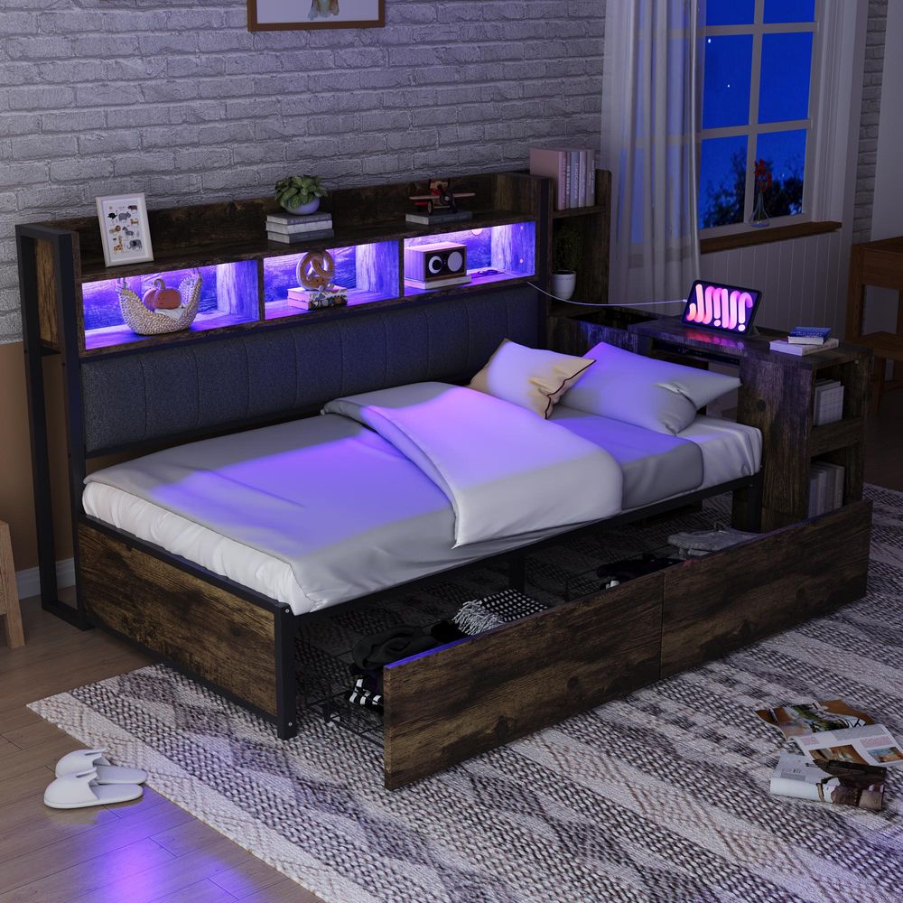 Flieks Jugendbett 90x200cm mit ausziehbarem Schreibtisch und Ladefunktion, Schlafsofa Metallbett mit Schubladen und Ablagen, Naturbelassen