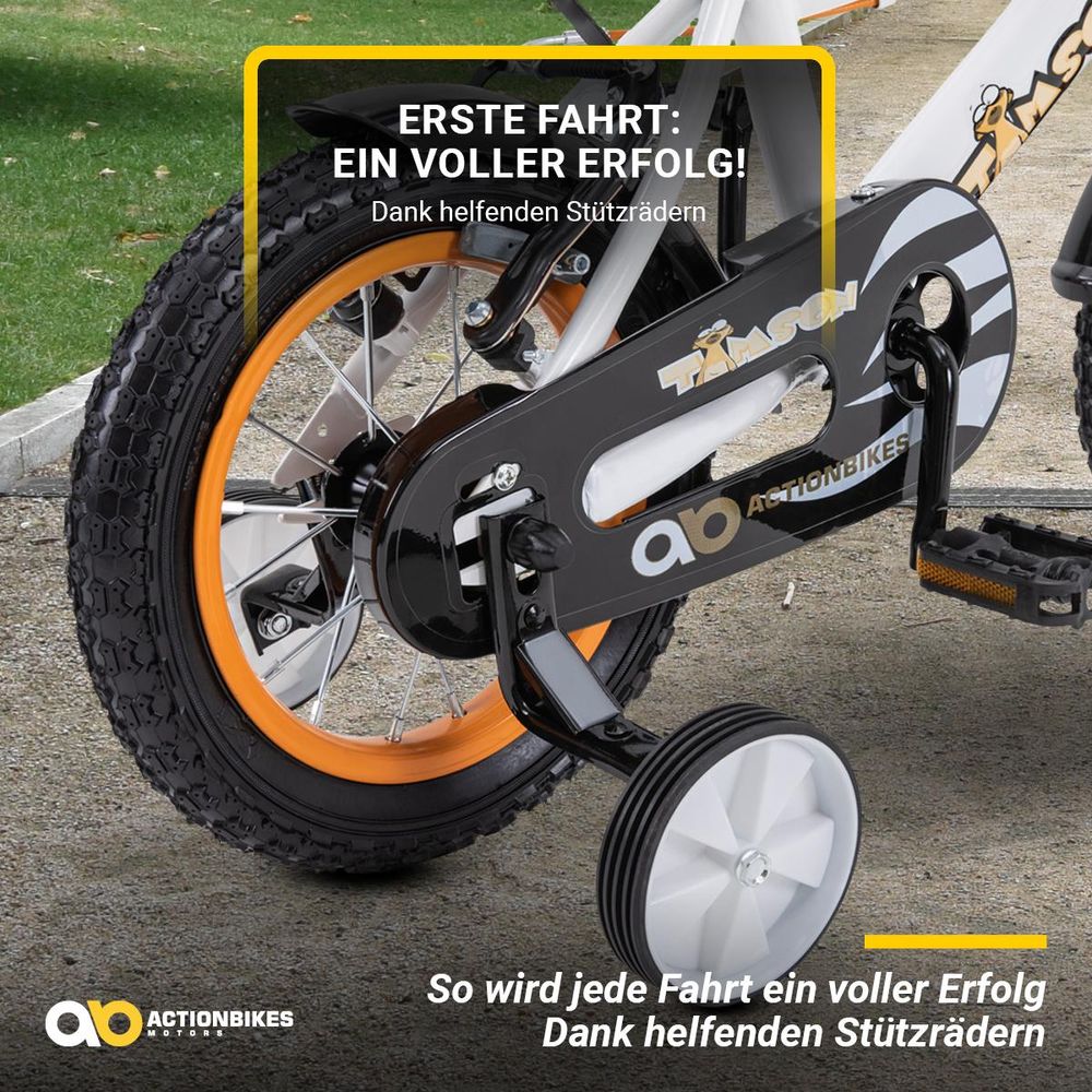 Actionbikes Kinderfahrrad Timson 12 Zoll | Kinder Fahrrad - Mädchen Rad - Jungen Bike - Kinderrad - V-Brake Bremsen - Korb - Stützräder - 2-5 Jahre