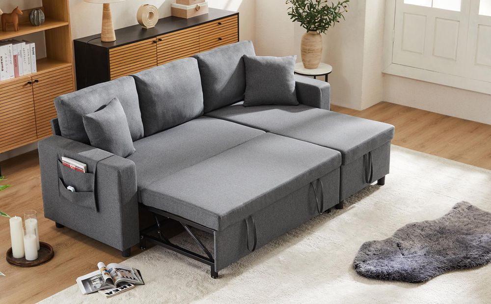 Merax 3-Sitzer Ecksofa mit Schlaffunktion, L-Form Sofa mit Bettkasten, Sofa Seitentasche Wohnlandschft, Schlafsofa Couchgarnitur Bettcouch, Dunkelgrau