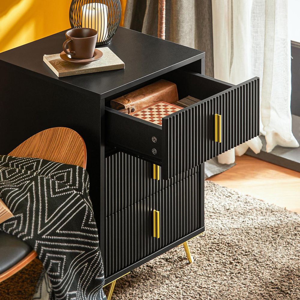 SoBuy Nachttisch schmaler Schrank mit 3 Schubladen, 63 cm ergonomische Höhe, für Schlafzimmer und Wohnzimmer, ideal für kleine Räume FBT115-L-SCH