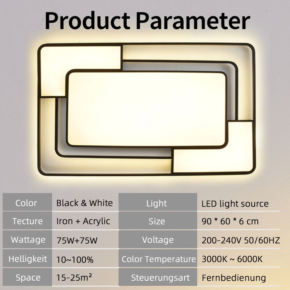 Style home LED Deckenleuchte Deckenlampe 150W, voll dimmbar mit Fernbedienung, moderne Leuchte für Wohnzimmer, Schlafzimmer, Arbeitszimmer, Büro, Rechteckig, 90 * 60 * 6 cm (Schwarz)