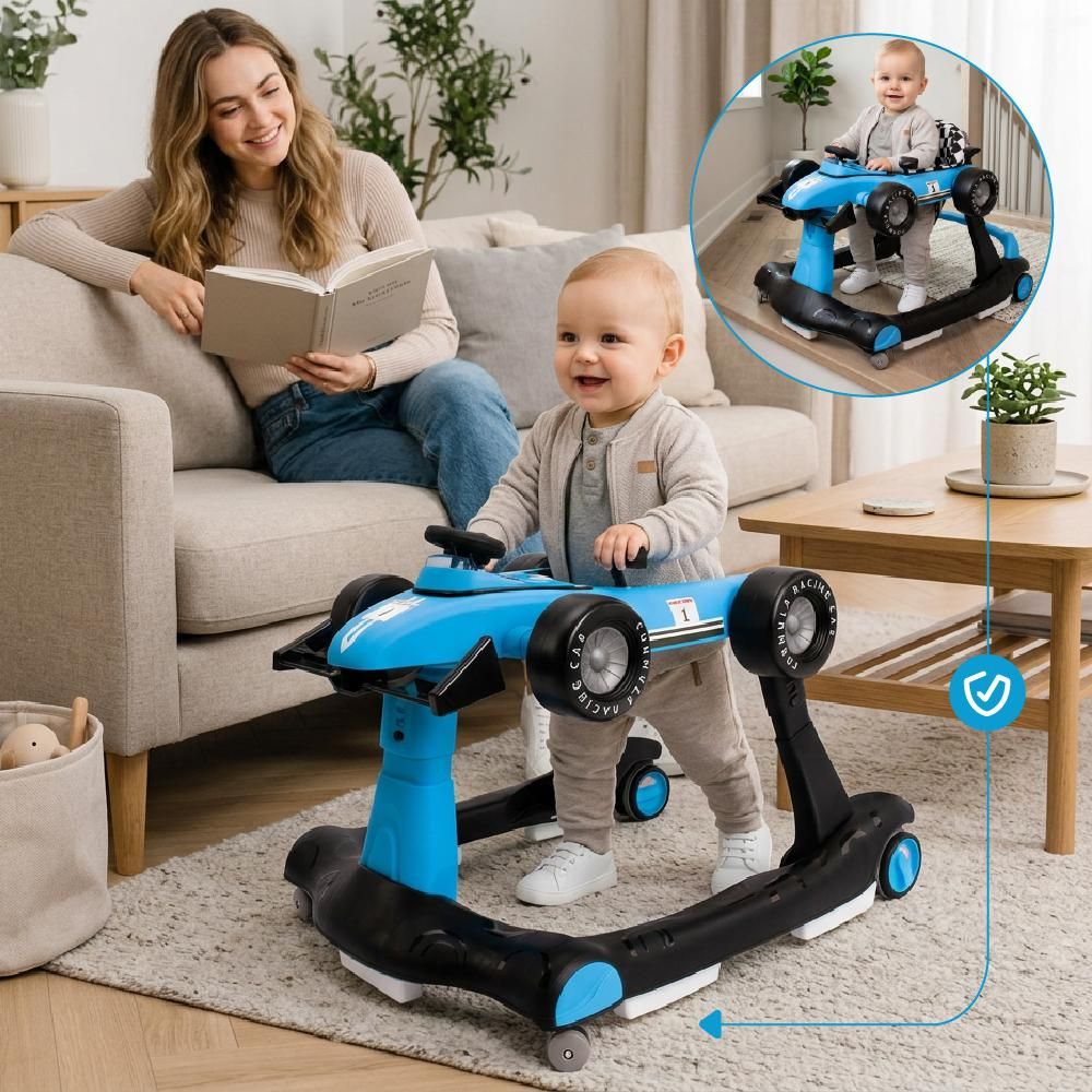 Bambino che cammina con il girello Formula 1 1 1 1 1 sotto la supervisione della mamma