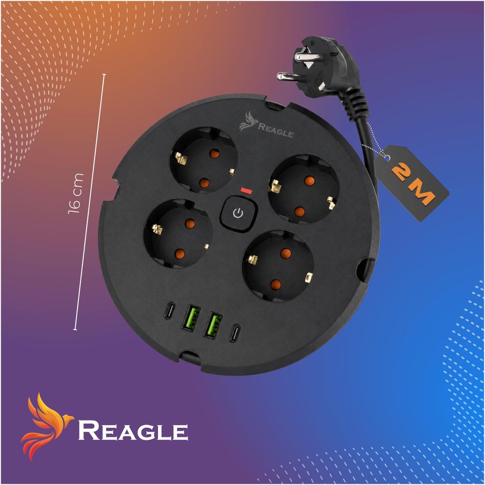 Mehrfachsteckdose mit USB C 2m Steckdosenleiste Reagle 4-fach Verteilersteckdose Überspannungsschutz 230V Verlängerungskabel Tischsteckdose Schwarz