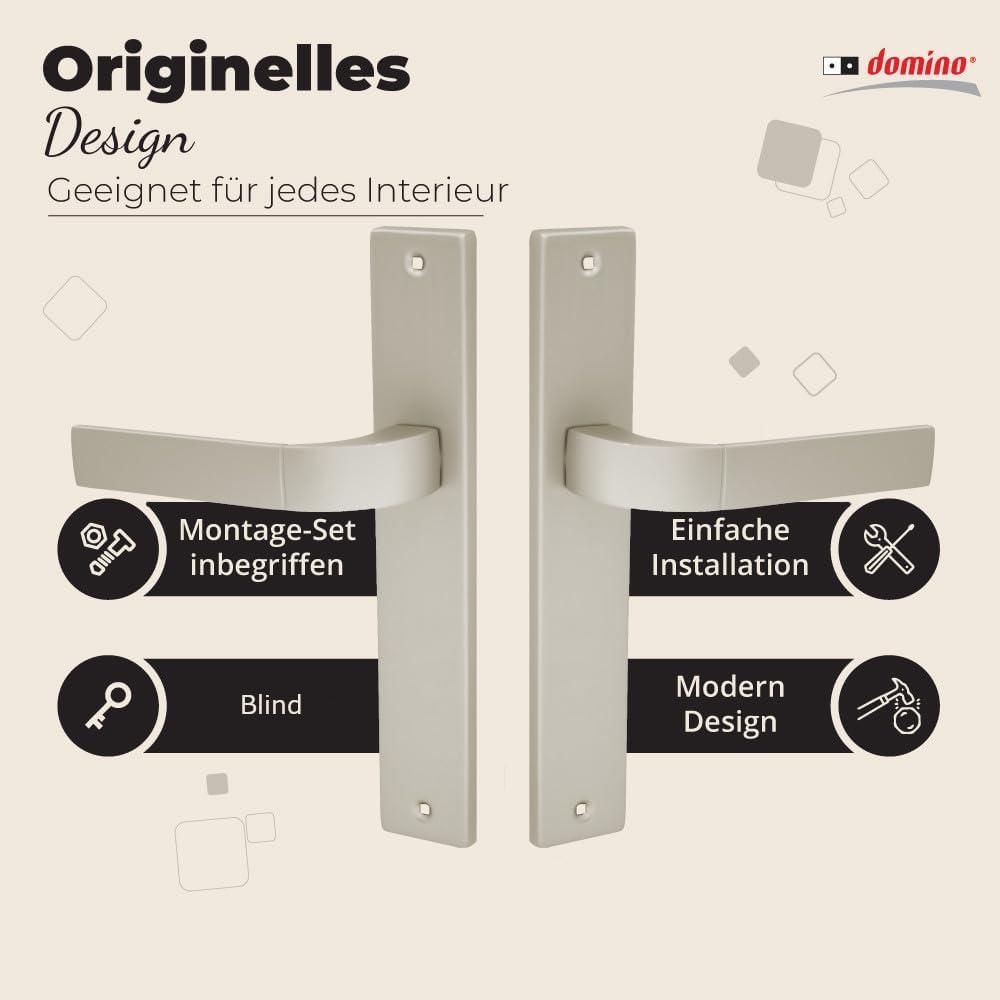 DOMINO Türgriff Blind Drückergarnitur | Langschildgarnitur | Türklinke für Zimmertür, Bürotür, Kellertür & Innentür | L-Form Türbeschläge aus Aluminium | Satin Nickel Velvet Türdrückergarnitur | FOKUS M91