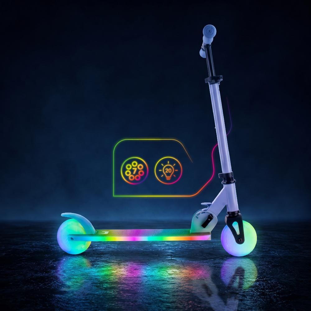 Tretroller mit leuchtenden LED-Rädern und Symbolen für Lichtmodi