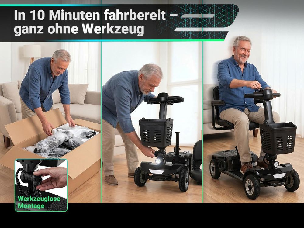 eFlux Mobility M1 Elektromobil | Elektro Senioren Roller - E-Scooter - Tiefeneinstieg - Schwenksitz - Einhand Steuerung - Klappbar - 20 km (Schwarz)