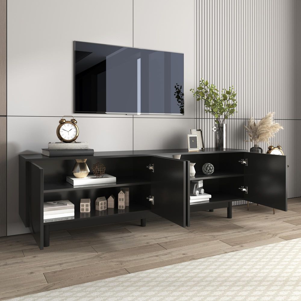 Merax TV-Schrank mit 4 Türen und verstellbaren Einlegeböden, Lowboard Scandi TV-Board Fernsehtisch TV-Ständer, 175x38x56cm, Schwarz
