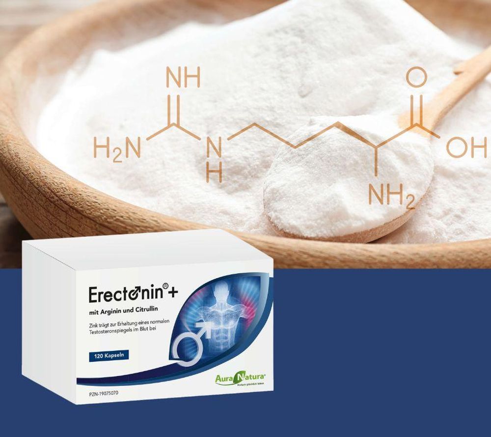Aura Natura Erectonin Plus | L-Arginin Kapseln mit L-Citrullin, Zink & Selen | 7-fach Formel für Männer | je Tagesdosis 6933 mg | 120 Kapseln