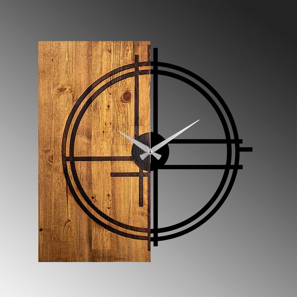 Opviq, Wooden Clock 38, Wanduhren, Helles Walnussholz, Metall, 56 x 58 x 3 cm