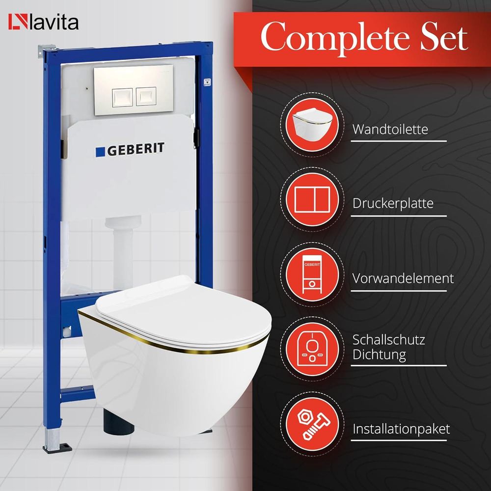 DOMINO Geberit Duofix Basic Vorwandelement + Wand-WC Tiefspül Sofi Slim Becken Gold Line Spülrandlos + Bedienplatte Delta 25 für Doppelspülung | Set