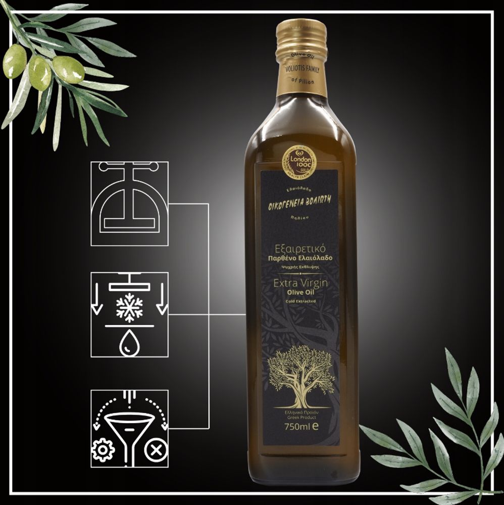 Olivenöl 750 ML - Unfiltriert - Fruchtiger Geschmack - Kaltgepresst - EV BLACK - Natives Olivenöl Extra - Pelion Amfissa Oliven - Glasflasche