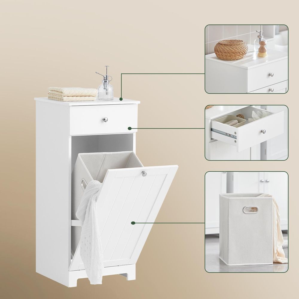 SoBuy Badezimmerschrank mit Wäschekorb Wäscheschrank  Kompakter Badschrank für kleine Badezimmer Badmöbel mit ausklappbarem Wäschesack BZR21-II-W