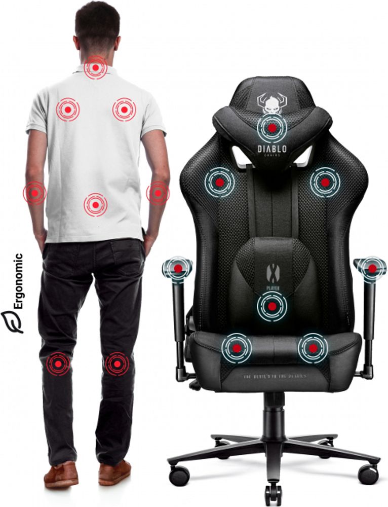 Diablo X-Player Gaming Stuhl Bürostuhl Schreibtischstuhl Stoff 3D Armlehnen Ergonomisches Design Nacken/- Lendenkissen (Schwarz-Schwarz, Normal)
