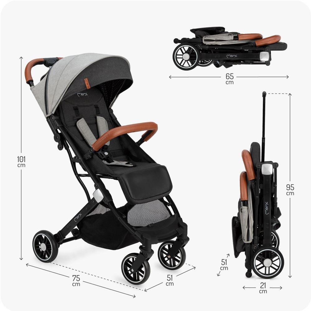 MoMi ESTELLE – Ultraleichter Baby Kompaktbuggy 7,7 kg mit Einhand-Faltung, Trolley-Funktion & Liegeposition, ideal für Reisen – Grau/Schwarz