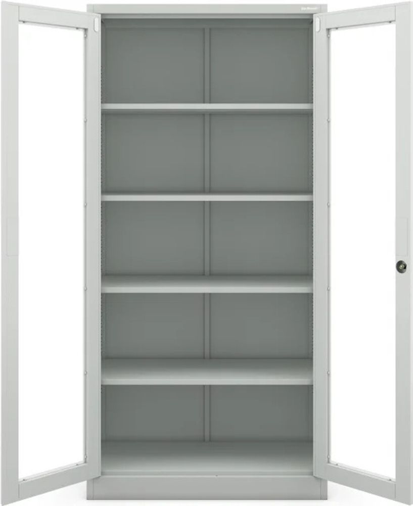 Aktenschrank Medizinschrank Büroschrank Flügeltürschrank Glasvitrine 4 Fachböden Stahl Abschließbar 185 cm x 90 cm x 40 cm Farbe: Grau