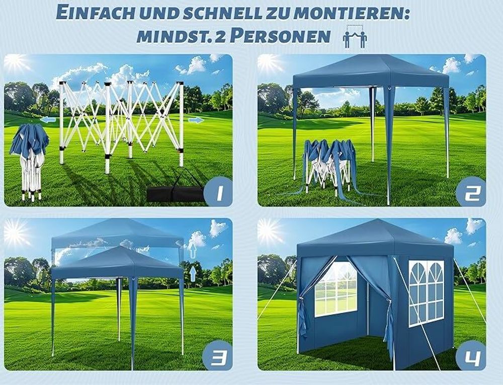 WOLTU Pavillon 2x2 m, mit 4 Seitenwänden, Partyzelt wasserabweisend UV-Schutz 50+, Blau