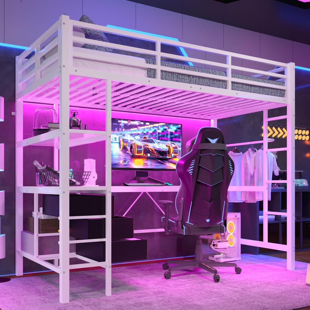 STILVORA 90x200 Hochbett mit LED-Leuchten,Schreibtisch&3 Schubladen,Jugendbett mit Regale und Geländer,Einzelbett mit Treppe und Steckdose+USB,Ohne Matratze,Weiß