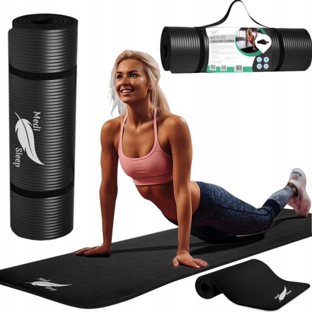 Čierna športová podložka, na fitness, jogu, cvičenie, s popruhom na nosenie, protišmyková