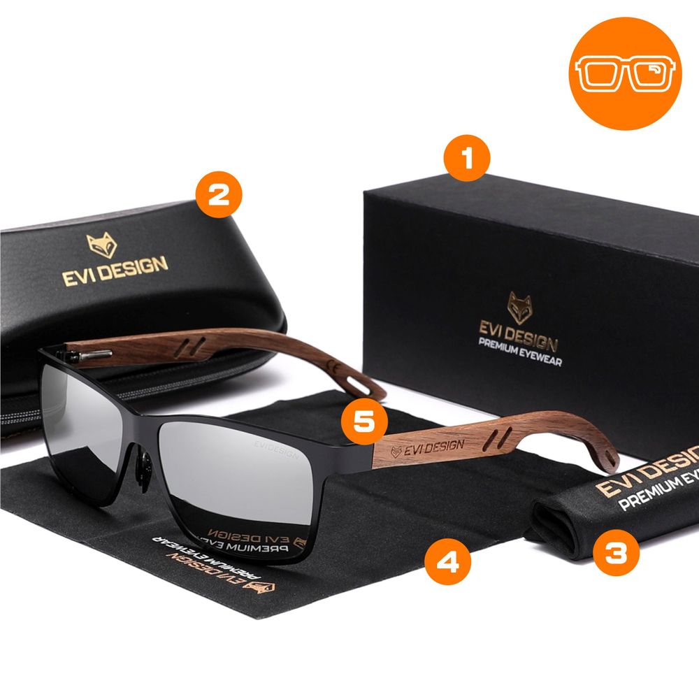 Sonnenbrille Herren Polarisiert UV400, Silber Verspiegelt Holz Sonnenbrille Nerd-Stil, Walnussholz-Bügel inkl. Etui & Zubehör, EVI DESIGN Silver
