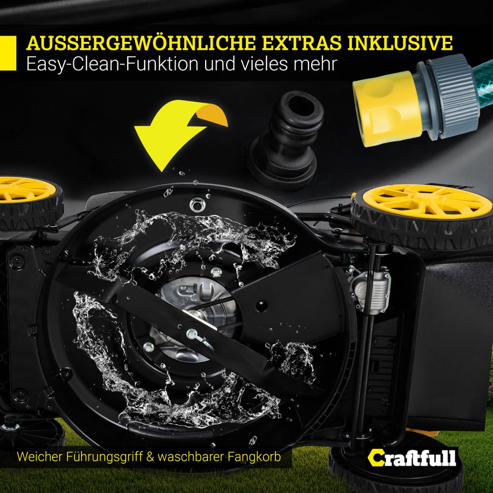 Craftfull Premium Benzin-Rasenmäher CR-196-30 | Selbstfahrantrieb - 53 cm Schnittbreite - 4 in 1 - Mähen - Mulchen - Heck- & Seitenauswurf - klappbar