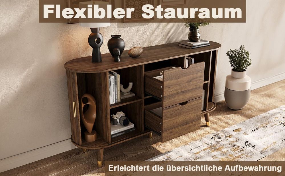 okwish Sideboard mit zwei Schiebetüren und Metall-Türgriffen, Kommode mit zwei Schubladen,abgerundetes Design,Massivholzbeinen,Nussbaum