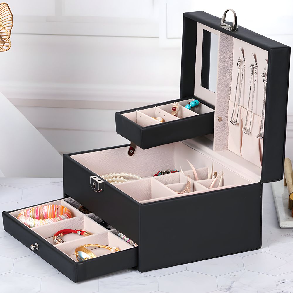 Schmuckkästchen Schmuckschatulle mit 3 Ebenen Schmuckkasten Schmuckaufbewahrung Schmuckkoffer Halsketten Schmuck Ohrringe Armbänder Ringe Retoo