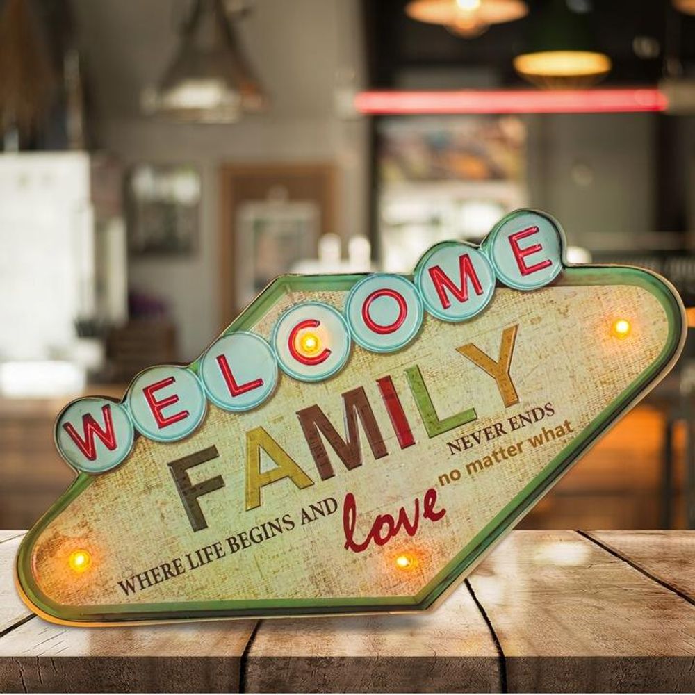 Metallschild RETRO LED Welcome Family Schild groß Leuchtschild, Dekoration für das Zuhause: Familien-Schriftzug an der Wand für das Wohnzimmer, Willkommensschild am Eingang zur Küche, Zimmer.