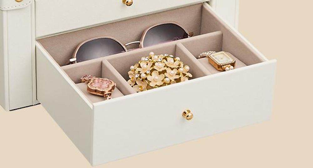 SONGMICS Schmuckbox mit 5 Ebenen, Schmuckkasten, mit Innenspiegel, abschließbar, weiß