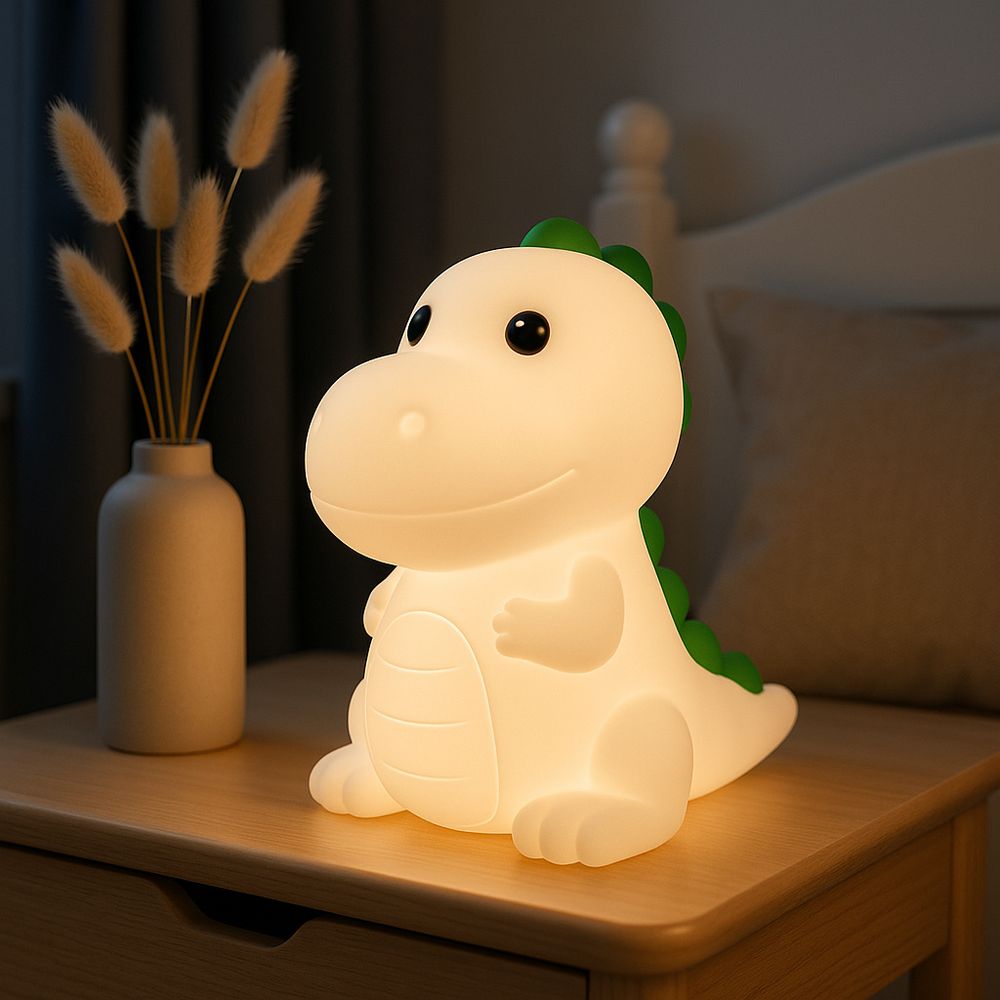Niedliche Dinosaurier-Lampe steht auf Nachttisch, strahlt warmes Licht aus.