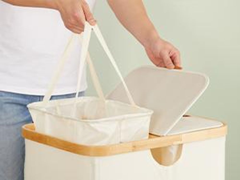 Wäschekorb 2 Fächer, Wäschesammler 150 Liter, Wäschesortierer mit Deckel, weiß-beige