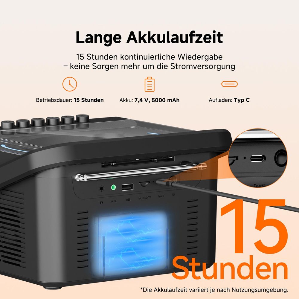 Retekess TR642 CD Player tragbar, Bluetooth, AM FM Radio, 5000mAh Boombox mit wiederaufladbare Akk, AUX/USB/TF, für Familien Camping