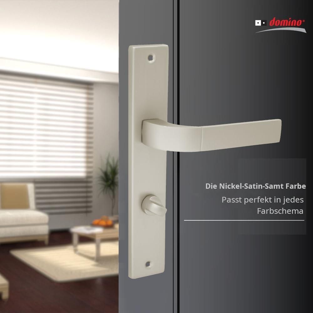 DOMINO Türgriff 78 Drückergarnitur WC - Badezimmer Set | Links & Rechts Türbeschlag für WC/Badezimmertüren | L-Form | Türbeschläge aus Aluminium | Satin Nickel Velvet Türdrückergarnitur |   FOKUS M91