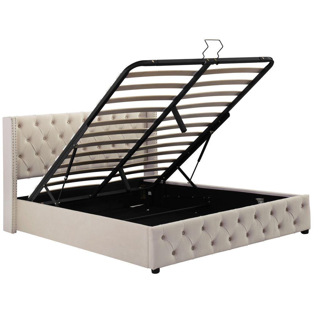 Flieks Polsterbett 140x190cm mit Lattenrost, Hydraulisches Boxspringbett mit Bettkasten und Stauraum, Samt Doppelbett Stauraumbett Funktionsbett Beige