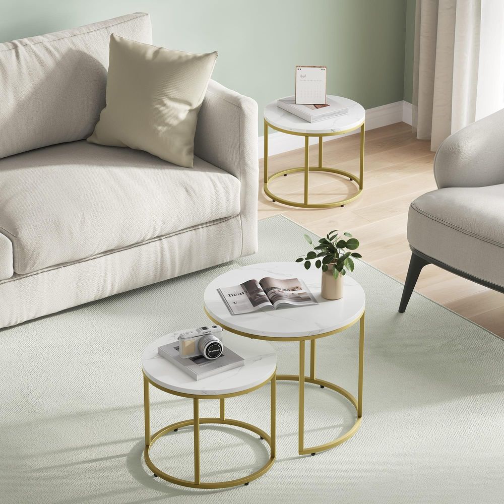 FORTENA Couchtisch Set 2tlg Rund, Marmor Look, mit goldenem Metallgestell