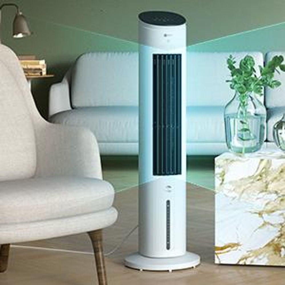 Balter 5in1 Turmventilator mit Fernbedienung, Leiser Standventilator, Wasserkühlung, Oszillation, Luftbefeuchter, Luftreiniger, Ionisator, Timer, weiß