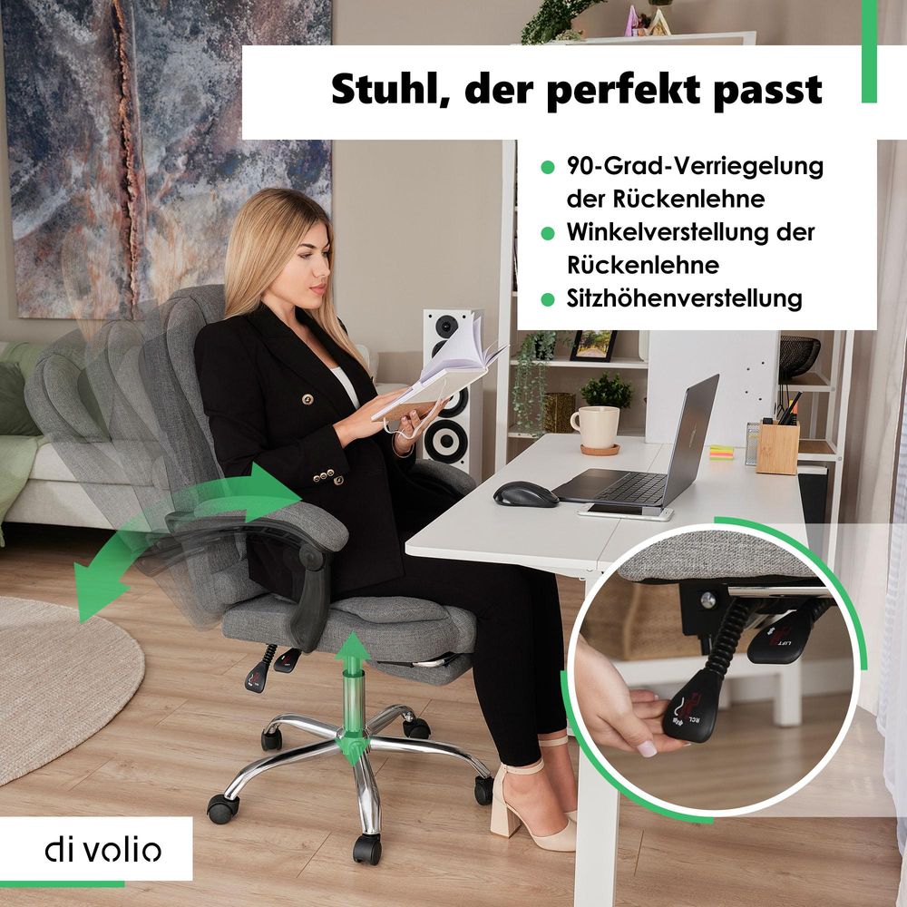 di volio Bürostuhl Baldo schwarz, ergonomischer Schreibtischstuhl mit Sitzhöhenverstellung und Fußstütze, max. Körpergewicht 150 kg, robuste Konstruktion