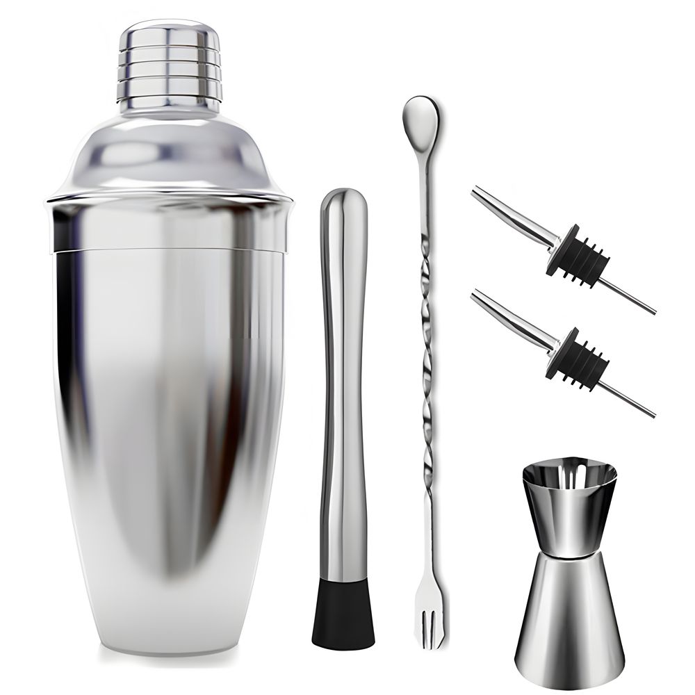 6-tlg Set Cocktail Shaker Edelstahl Cocktail-Set mit Sieb 750 ml Messbecher 2 Ausgießer Stößel Barlöffel Barkeeper Bar Zubehör Cocktailshaker Retoo