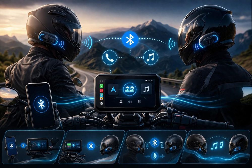 Alt: bluetooth komunikácia motorka interkom displej hovory hudba