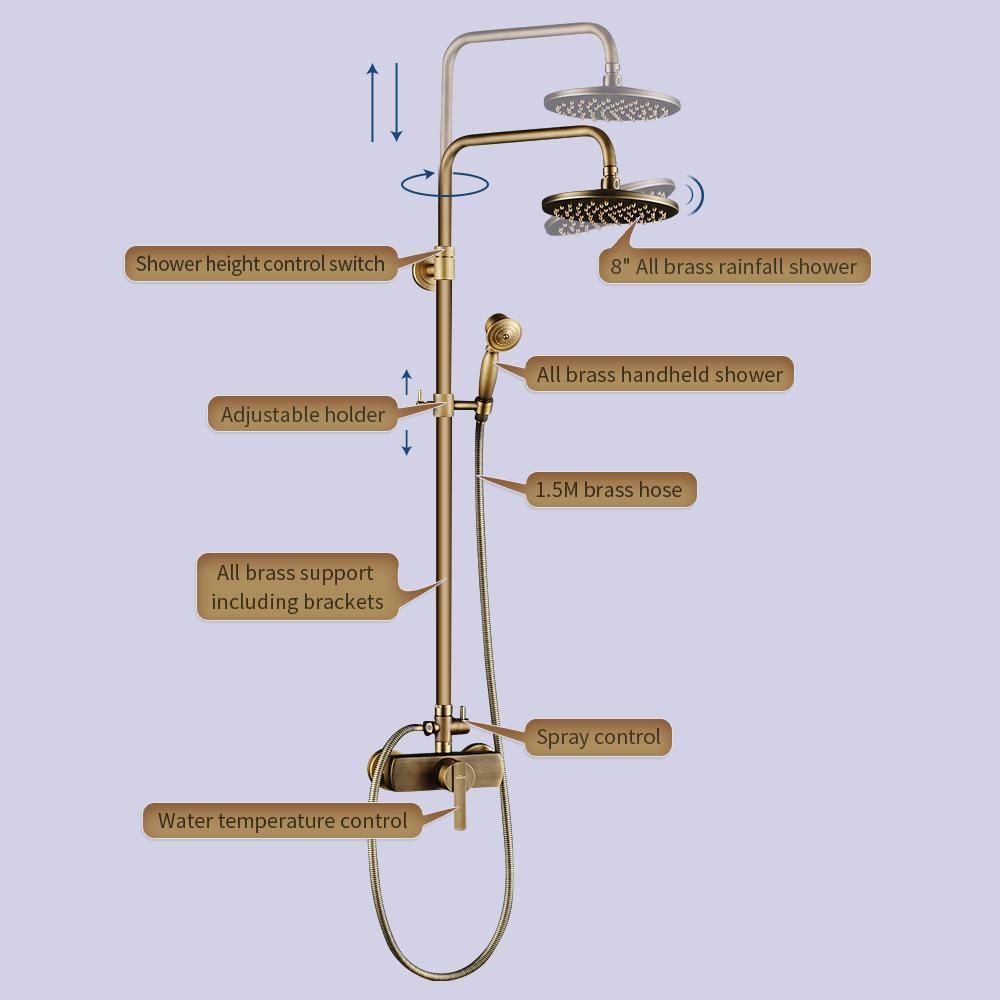 Auralum Duschsystem Antik-Messing, Vollmessing, 2 Funktionen, 20cm Kopfbrause, Höhenverstellbar