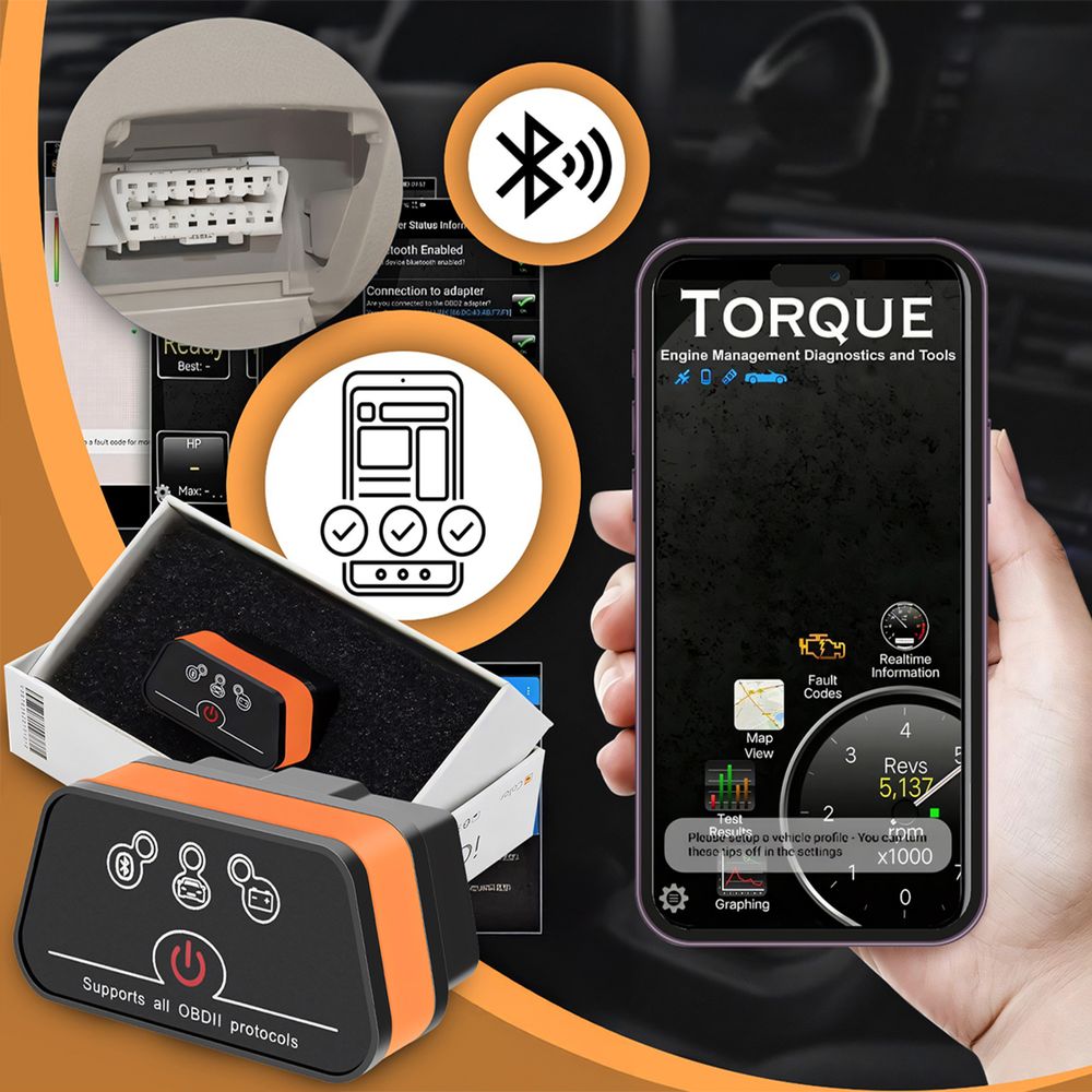 OBD2 Diagnosegerät mit Bluetooth & Auslesegerät – ELM327 v2.2 Fehlercodeleser für Motor, Getriebe, ABS & SRS, Echtzeitdaten Alle KFZ Retoo