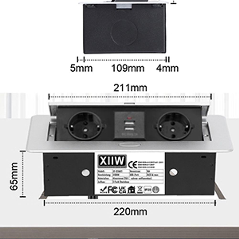 Aluminium Versenkte Einbausteckdose, 3500W/16A, 2 Fach Tischplatte Steckdose mit 2 USB, Tischsteckdose Mehrfachsteckdose für Arbeitsplatte Küche Büro