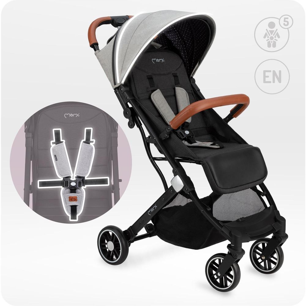 MoMi ESTELLE – Ultraleichter Baby Kompaktbuggy 7,7 kg mit Einhand-Faltung, Trolley-Funktion & Liegeposition, ideal für Reisen – Grau/Schwarz