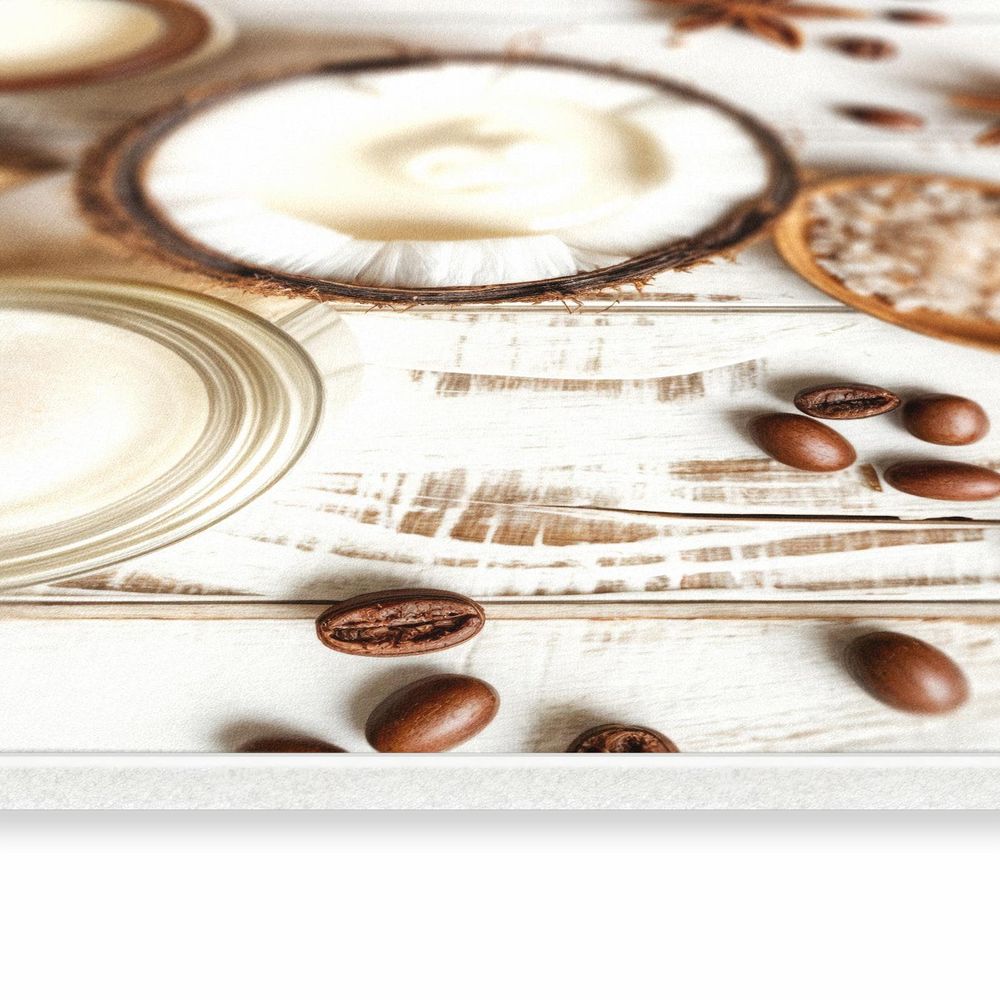 Material-Nahaufnahme: UV-Direktdruck auf PVC – Motiv Kokosnuss und Kaffee