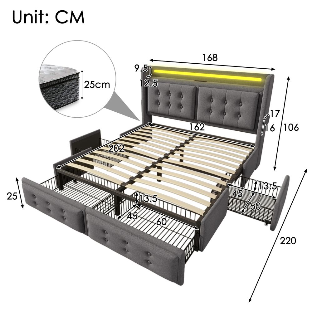 Flieks Polsterbett 160x200cm mit 4 Schubladen, Stauraumbett Doppelbett mit Ladefunktion, Jugendbett Holzbett mit LED, Funktionsbett Baumwolle, Grau