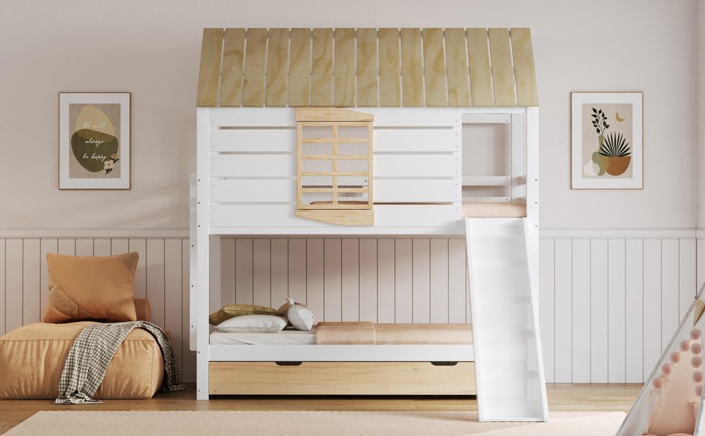 Merax Haus-Etagenbett 90x200 mit Ausziehbett, Kinderbett mit Rutsche und 2 Schubladen, Holz Jugendbett für 3 Kinder, Stockbett, Hochbett, Weiß+Natur